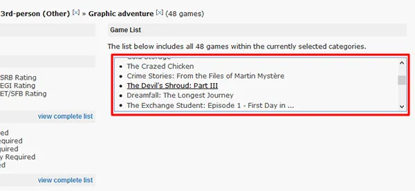 Список найденных игр на сайте Mobygames.com