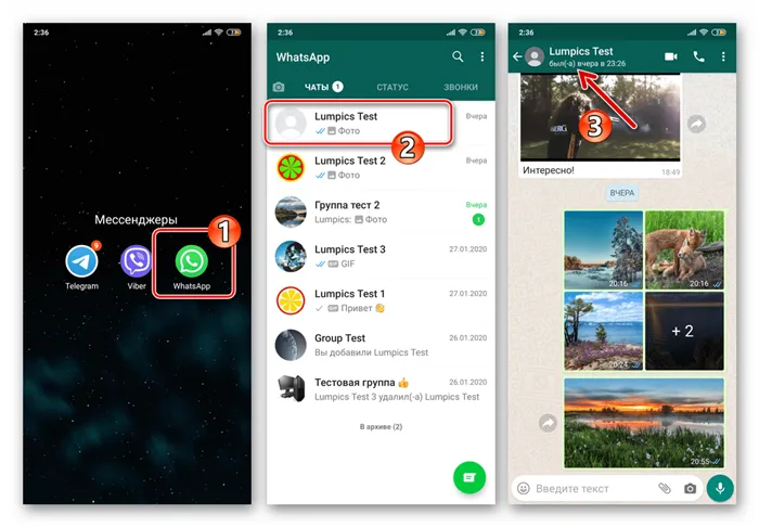 WhatsApp - запуск мессенджера, проверка онлайн-статуса (был в сети) потенциально применившего блокировку контакта