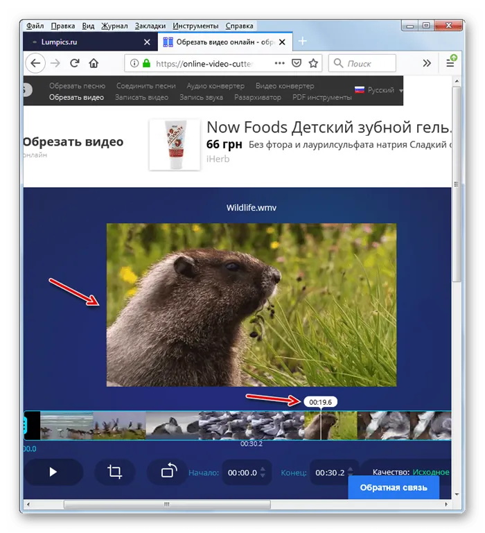 Выбор кадра по маркеру времени сервисе Online Video Cutter в веб-обозревателе Mozilla Firefox