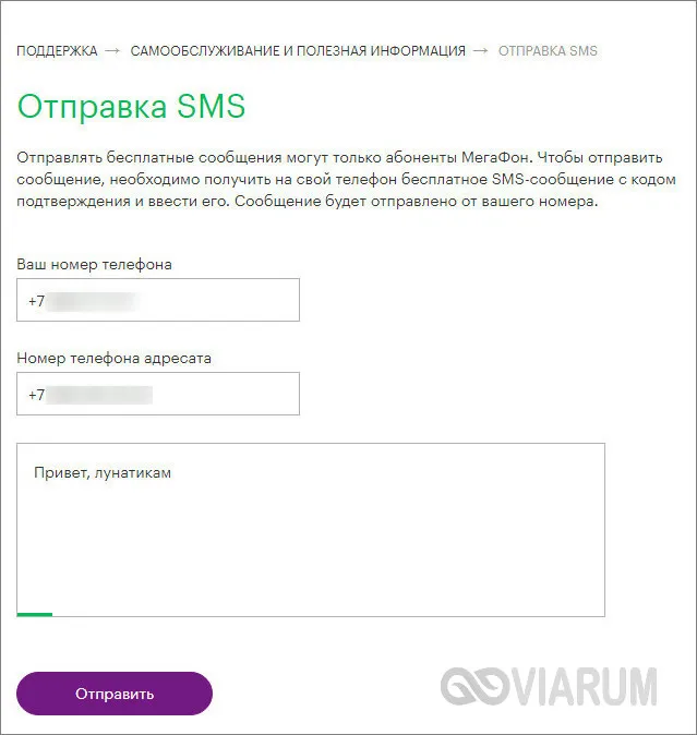 Отправка SMS с сайта Мегафон фото 1