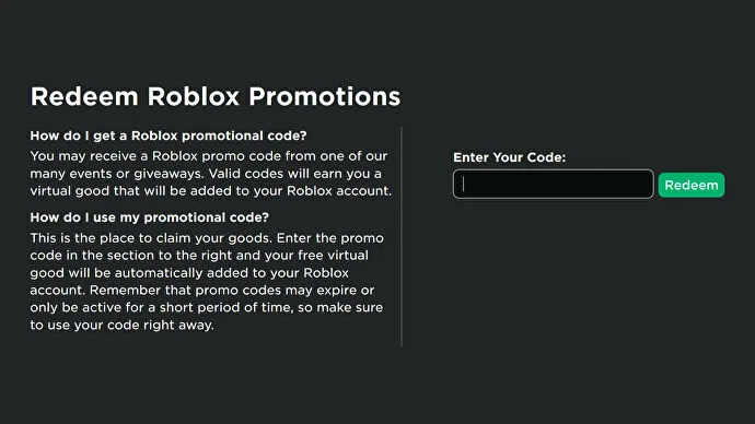 Скриншот страницы промо-кода Roblox, где вы можете ввести коды, чтобы обменять их на бесплатные предметы.