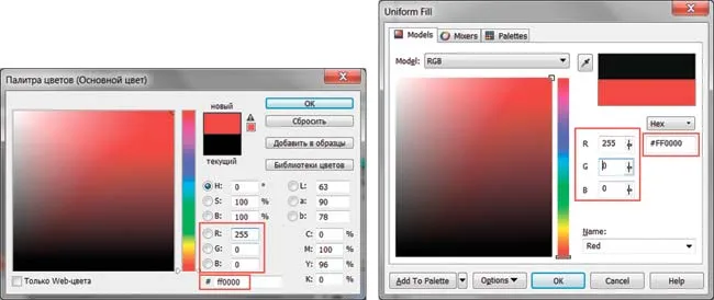 Рис. 2. Представление красного цвета в модели RGB: слева — в окне палитры Photoshop, справа — CorelDRAW