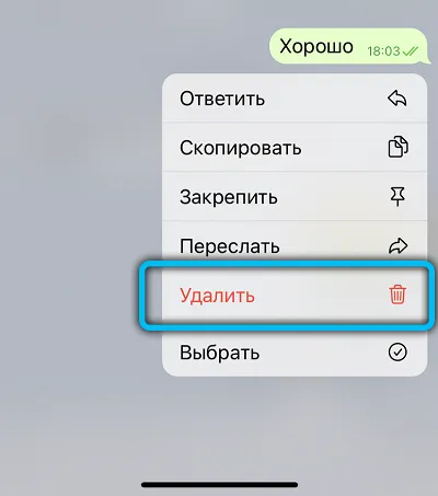 Удаление сообщения в Telegram на iPhone