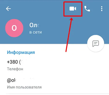 Кнопка видеозвонка в Телеграмм