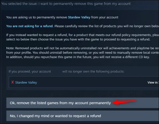 Подтверждение удаления игры Steam