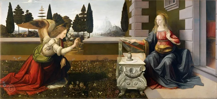 Леонардо да Винчи «Благовещение», ок. 1472 года, Местонахождение: Галерея Уффици, Флоренция, ИталияЛеонардо да Винчи «Благовещение», ок. 1472 года, Местонахождение: Галерея Уффици, Флоренция, Италия