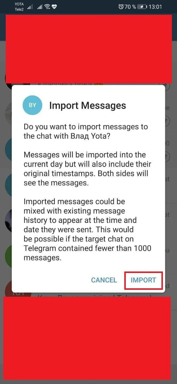 Подтверждение импорта в Telegram из Whats App
