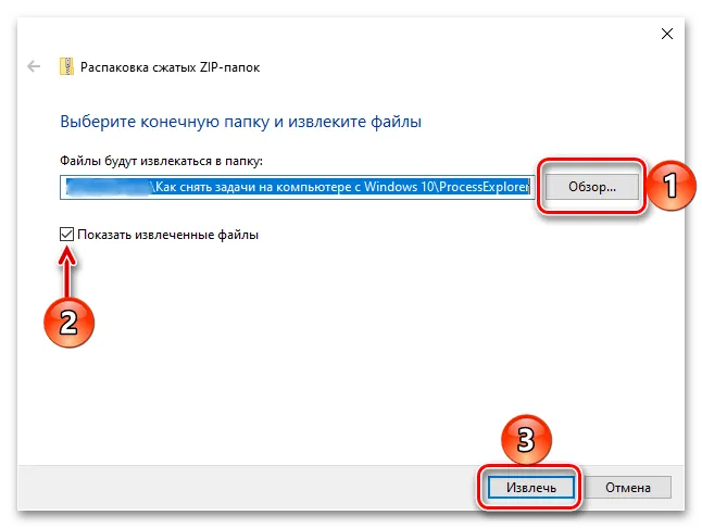 Подтвердить распаковку архива с Process Explorer - альтернативный Диспетчер задач для Windows 10