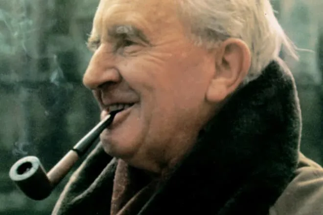 This is a 1967 photo of J.R.R. Tolkien. Tolkien is the author of 