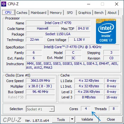 Ядра и потоки в программе CPU-Z