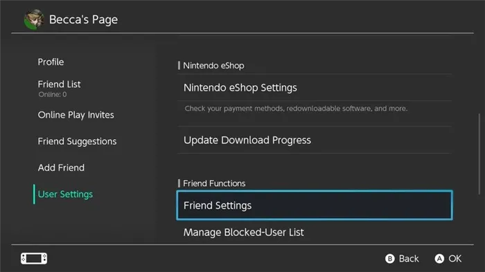 Настройки друга Nintendo Switch