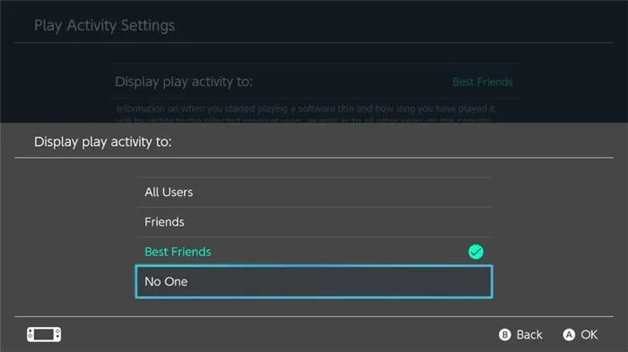 Настройка Nintendo Switch Отображение действий в игре Никто