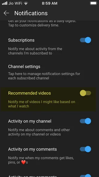 отключить уведомления о рекомендуемых видео YouTube на ios