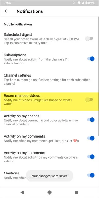 отключить уведомления о рекомендуемых видео YouTube на Android