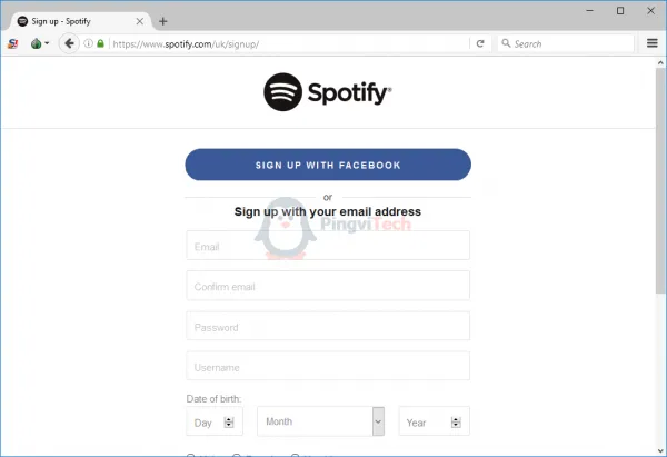Форма регистрации Spotify