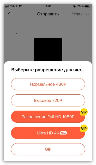 Выбор качества ролика в приложении VivaVideo на iPhone