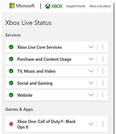Отображение работы сервисов Xbox Live