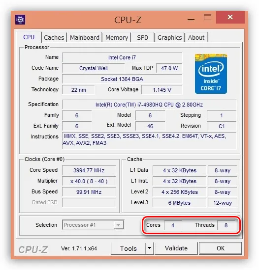Ядра и потоки процессора в программе CPU-Z