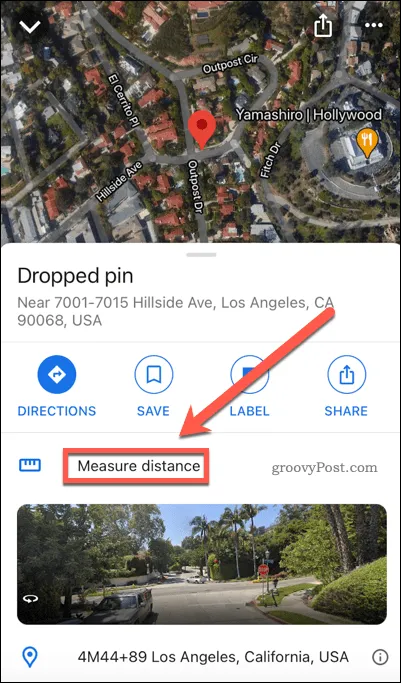 Кнопка измерения расстояния Google Maps на мобильном устройстве