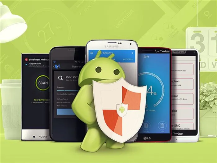 Android с антивирусным щитом на фоне смартфонов